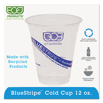 Eco-Products BlueStripe 25% Recycled Content Cold Cups, 12 oz, Clear/Blue, 50/Pack, 20 Packs/Carton (ECOEPCR12)