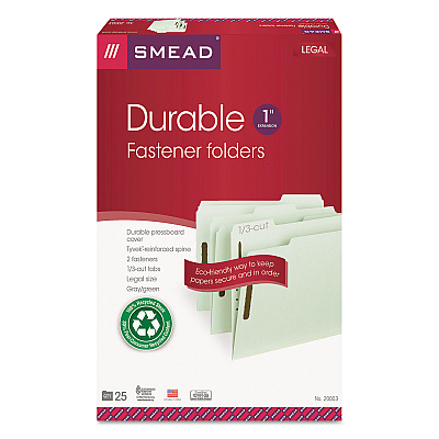 Smead Recycled Pressboard Fastener Folders, 1" Expansion, 2 Fasteners, Legal Size, Gray-Green Exterior, 25/Box (SMD20003)