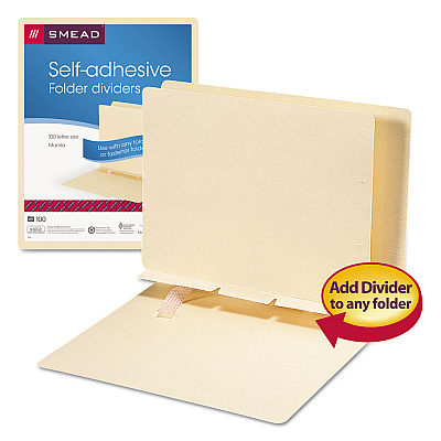 Smead Self-Adhesive Folder Dividers for Top/End Tab Folders, Prepunched for Fasteners, 1 Fastener, Letter Size, Manila, 100/Box (SMD68021)