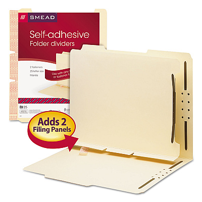 Smead Self-Adhesive Folder Dividers with Twin-Prong Fasteners for Top/End Tab Folders, 1 Fastener, Letter Size, Manila, 25/Pack (SMD68025)