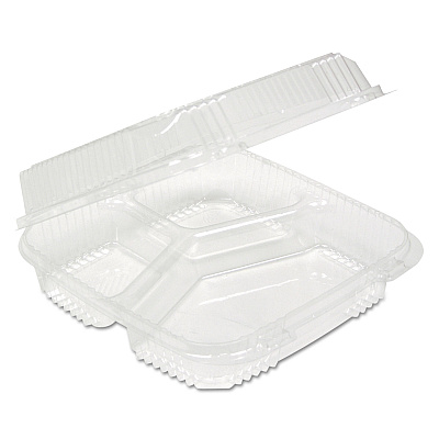Pactiv Evergreen ClearView SmartLock Hinged Lid Container, 3-Compartment, 5 oz/14 oz, 8.2 x 8.34 x 2,91, Clear, Plastic, 200/Carton (PCTYCI81123)