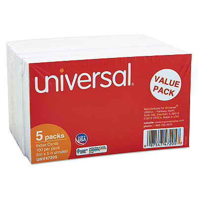 Universal Unruled Index Cards, 3 x 5, White, 500/Pack (UNV47205)