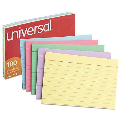 Universal Index Cards, Ruled, 5 x 8, Assorted, 100/Pack (UNV47256)