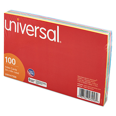 Universal Index Cards, Ruled, 5 x 8, Assorted, 100/Pack (UNV47256)