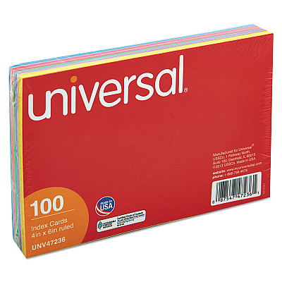 Universal Index Cards, Ruled, 4 x 6, Assorted, 100/Pack (UNV47236)