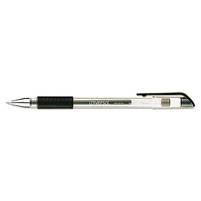 Universal Comfort Grip Gel Pen, Stick, Medium 0.7 mm, Black Ink, Clear/Black Barrel, Dozen (UNV39510)