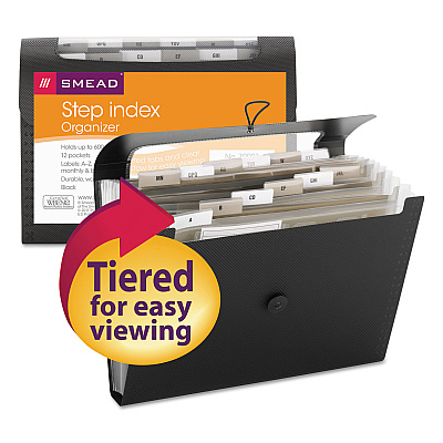 Smead Step Index Organizer, 12 Sections, Cord/Hook Closure, 1/6-Cut Tabs, Letter Size, Black (SMD70901)