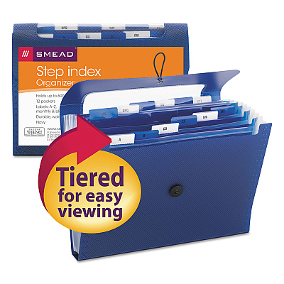 Smead Step Index Organizer, 12 Sections, Cord/Hook Closure, 1/6-Cut Tabs, Letter Size, Navy (SMD70902)