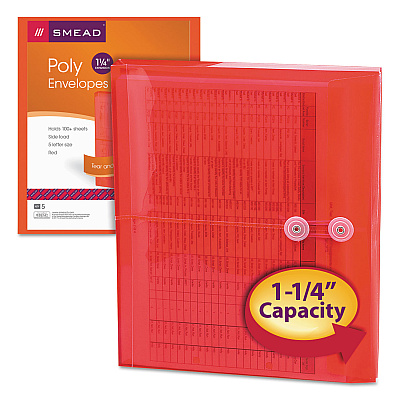 Smead Poly String and Button Interoffice Envelopes, Open-Side (Horizontal), 9.75 x 11.63, Transparent Red, 5/Pack (SMD89527)