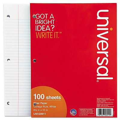 Universal Filler Paper, 3-Hole, 8.5 x 11, Medium/College Rule, 100/Pack (UNV20911)
