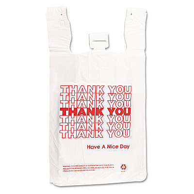Barnes Paper Plastic Thank-You T-Sack, Thank You - Have a Nice Day Labeling, Cut-Out Handles, 4" x 6" x 15", White/Red, 2,000/Carton (BPC6415THYOU)