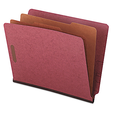 Universal Red Pressboard End Tab Classification Folders, 2" Expansion, 2 Dividers, 6 Fasteners, Letter Size, Red Exterior, 10/Box (UNV10315)