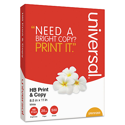 Universal High-Bright Multipurpose Paper, 20 lb Bond Weight, 8.5 x 11, White, 500 Sheets/Ream, 10 Reams/Carton (UNV91200)