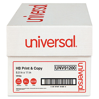 Universal High-Bright Multipurpose Paper, 20 lb Bond Weight, 8.5 x 11, White, 500 Sheets/Ream, 10 Reams/Carton (UNV91200)