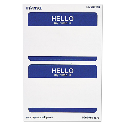 Universal Hello Self-Adhesive Name Badges, 3.5 x 2.25, White/Blue, 100/Pack (UNV39105)
