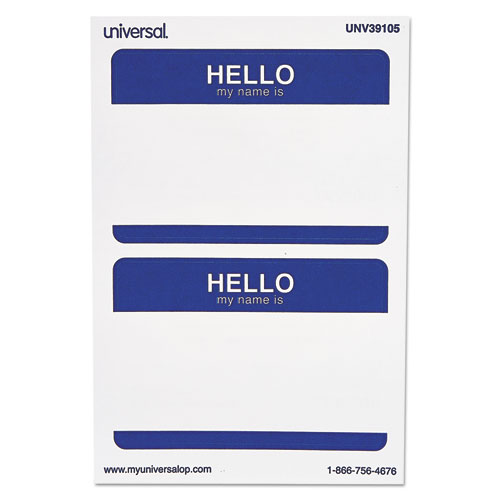 Universal "Hello" Self-Adhesive Name Badges, 3 1/2 x 2 1/4, White/Blue, 100/Pack (39105)