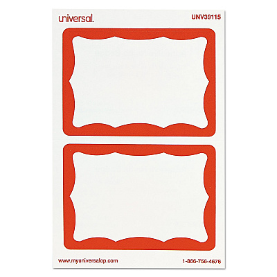 Universal Border-Style Self-Adhesive Name Badges, 3 1/2 x 2 1/4, White/Red, 100/Pack (UNV39115)
