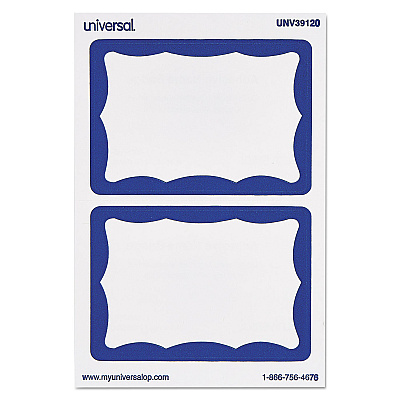 Universal Border-Style Self-Adhesive Name Badges, 3 1/2 x 2 1/4, White/Blue, 100/Pack (UNV39120)