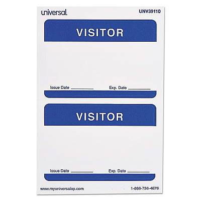 Universal Visitor Self-Adhesive Name Badges, 3.5 x 2.25, White/Blue, 100/Pack (UNV39110)