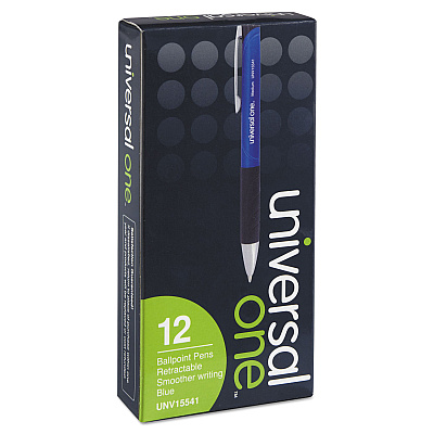 Universal Comfort Grip Ballpoint Pen, Retractable, Medium 1 mm, Blue Ink, Blue/Black Barrel, Dozen (UNV15541)