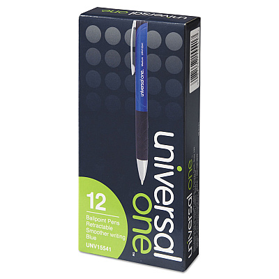 Universal Comfort Grip Ballpoint Pen, Retractable, Medium 1 mm, Blue Ink, Blue/Black Barrel, Dozen (UNV15541)