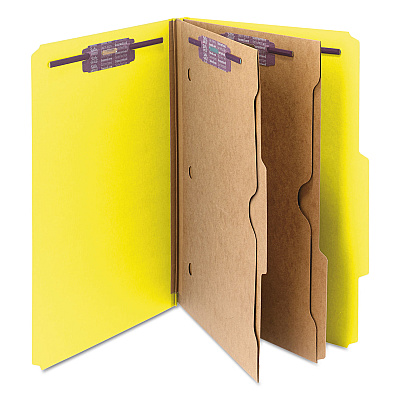 Smead 6-Section Pressboard Top Tab Pocket Classification Folders, 6 SafeSHIELD Fasteners, 2 Dividers, Legal Size, Yellow, 10/Box (SMD19084)