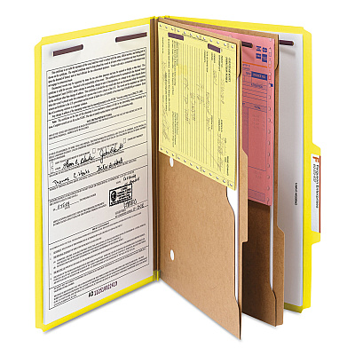 Smead 6-Section Pressboard Top Tab Pocket Classification Folders, 6 SafeSHIELD Fasteners, 2 Dividers, Legal Size, Yellow, 10/Box (SMD19084)