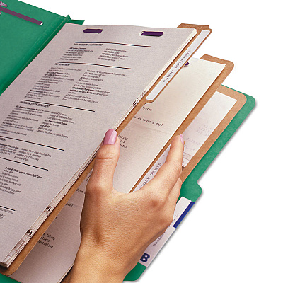 Smead Eight-Section Pressboard Top Tab Classification Folders, Eight SafeSHIELD Fasteners, 3 Dividers, Legal Size, Green, 10/Box (SMD19097)