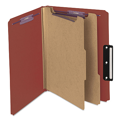 Smead Pressboard Classification Folders, Six SafeSHIELD Fasteners, 1/3-Cut Tabs, 2 Dividers, Letter Size, Red, 10/Box (SMD14230)