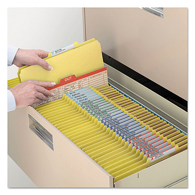 Smead 6-Section Pressboard Top Tab Pocket Classification Folders, 6 SafeSHIELD Fasteners, 2 Dividers, Legal Size, Yellow, 10/Box (SMD19084)