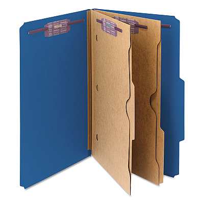Smead 6-Section Pressboard Top Tab Pocket Classification Folders, 6 SafeSHIELD Fasteners, 2 Dividers, Legal Size, Dark Blue, 10/Box (SMD19077)