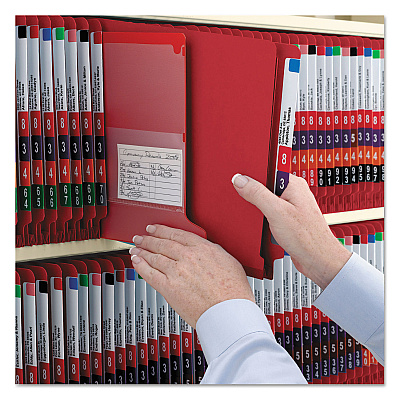Smead End Tab Pressboard Classification Folders, Six SafeSHIELD Fasteners, 2" Expansion, 2 Dividers, Legal Size, Bright Red, 10/Box (SMD29783)