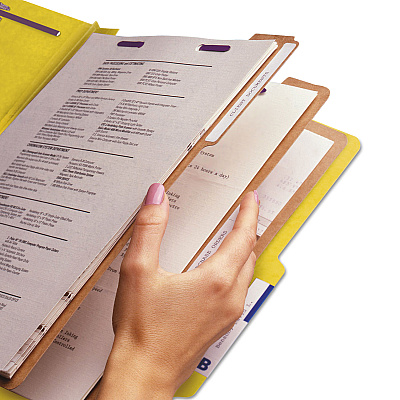 Smead Eight-Section Pressboard Top Tab Classification Folders, Eight SafeSHIELD Fasteners, 3 Dividers, Legal Size, Yellow, 10/Box (SMD19098)