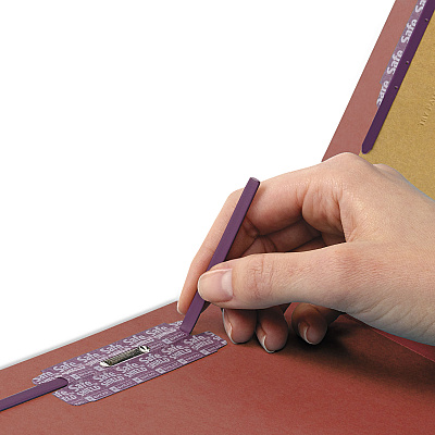 Smead Pressboard Classification Folders, Six SafeSHIELD Fasteners, 1/3-Cut Tabs, 2 Dividers, Letter Size, Red, 10/Box (SMD14230)