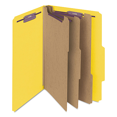 Smead Eight-Section Pressboard Top Tab Classification Folders, Eight SafeSHIELD Fasteners, 3 Dividers, Legal Size, Yellow, 10/Box (SMD19098)