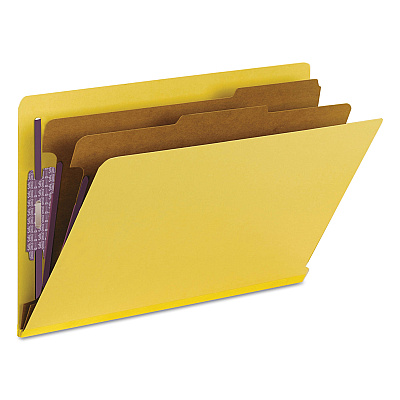 Smead End Tab Pressboard Classification Folders, Six SafeSHIELD Fasteners, 2" Expansion, 2 Dividers, Legal Size, Yellow, 10/Box (SMD29789)