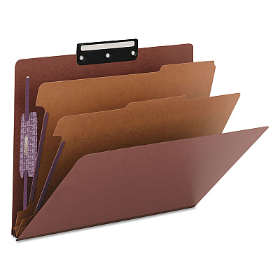 Smead Pressboard Classification Folders, Six SafeSHIELD Fasteners, 1/3-Cut Tabs, 2 Dividers, Letter Size, Red, 10/Box (SMD14230)