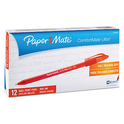 Paper Mate ComfortMate Ultra Ballpoint Pen, Stick, Medium 1 mm, Red Ink, Red Barrel, Dozen (PAP6120187)