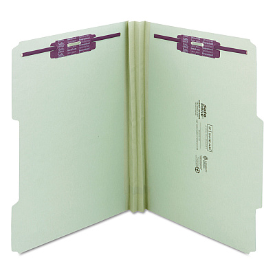 Smead Recycled Pressboard Folders, Two SafeSHIELD Coated Fasteners, 2/5-Cut: R of C, 2" Expansion, Letter Size, Gray-Green, 25/Box (SMD14982)
