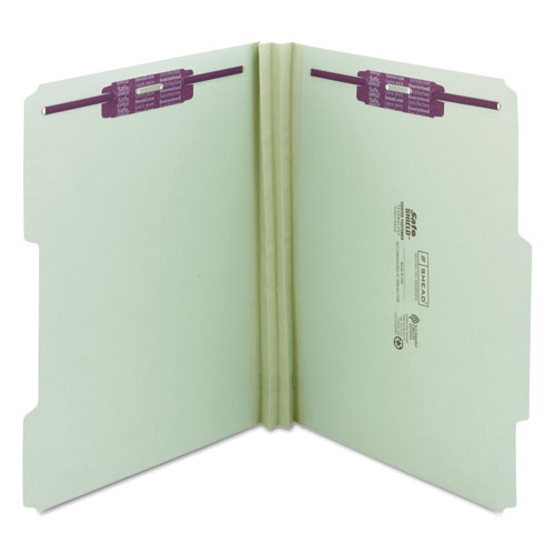 Smead Recycled Pressboard Folders, Two SafeSHIELD Coated Fasteners, 2/5-Cut: R of C, 2" Expansion, Letter Size, Gray-Green, 25/Box (14982)