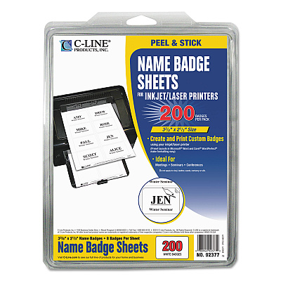 C-Line Laser Printer Name Badges, 3 3/8 x 2 1/3, White, 200/Box (CLI92377)
