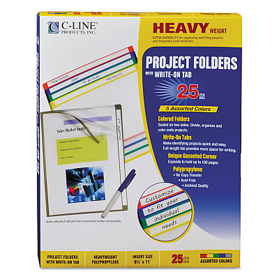 C-Line Write-On Project Folders, Straight Tab, Letter Size, Assorted Colors, 25/Box (CLI62160)