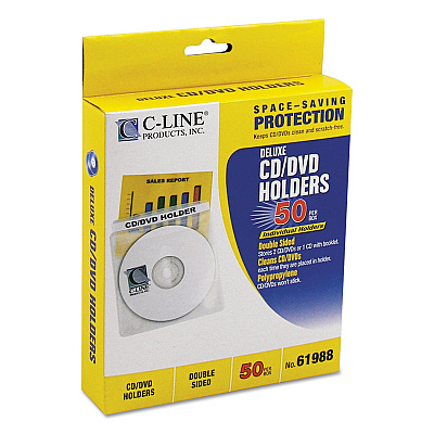 C-Line Deluxe Individual CD/DVD Holders, 2 Disc Capacity, Clear/White, 50/Box (CLI61988)