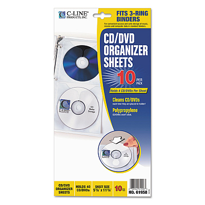 C-Line Deluxe CD Ring Binder Storage Pages, Standard, 4 Disc Capacity, Clear/White, 10/Pack (CLI61958)