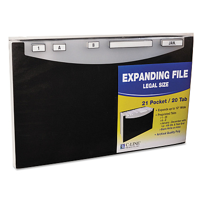 C-Line 21-Pocket Stand-Up Design Expanding File, 12" Expansion, 21 Sections, 1/5-Cut Tabs, Legal Size, Black (CLI48221)