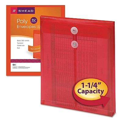 Smead Poly String and Button Interoffice Envelopes, Open-End (Vertical), 9.75 x 11.63, Transparent Red, 5/Pack (SMD89547)