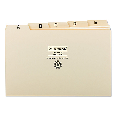 Smead Manila Card Guides, 1/5-Cut Top Tab, A to Z, 5 x 8, Manila, 25/Set (SMD57076)