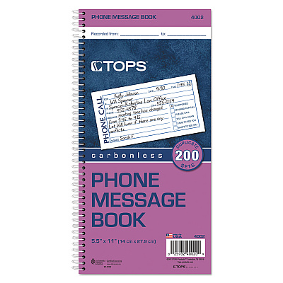 TOPS Spiralbound Message Book, Two-Part Carbonless, 5 x 2.75, 4 Forms/Sheet, 200 Forms Total (TOP4002)