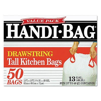 Handi-Bag Drawstring Kitchen Bags, 13 gal, 24" x 27.4", White, 50 Bags/Box, 6 Boxes/Carton (WBIHAB6DK50CT)