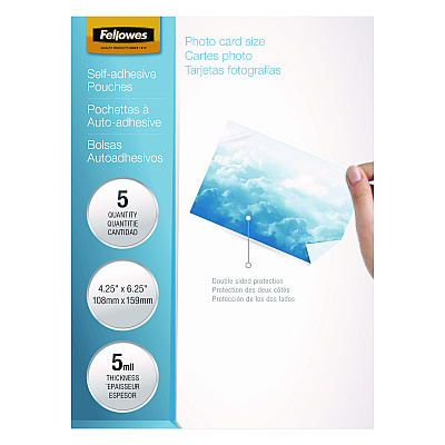 Fellowes Self-Adhesive Laminating Pouches, 5 mil, 4.25" x 6.25", Gloss Clear, 5/Pack (FEL5220401)